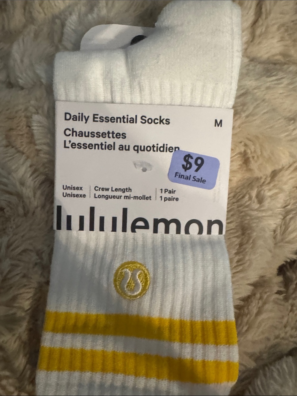 lululemon athletica White Crew Socks with Yellow Stripe Accent